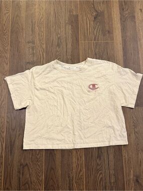 Vintage Women’s Champion Cream Pink Plaid Logo Crop Tee